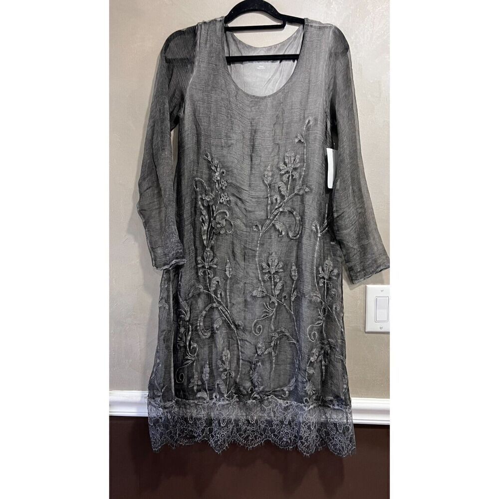 Soft Surroundings Silk Isadora Dress Charcoal Embroidered Floral XS NEW
